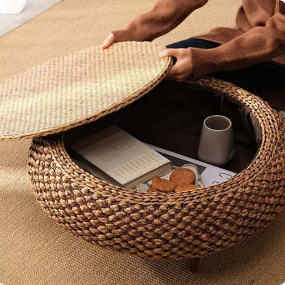 Japanese Rattan Wood Coffee Table with Storage