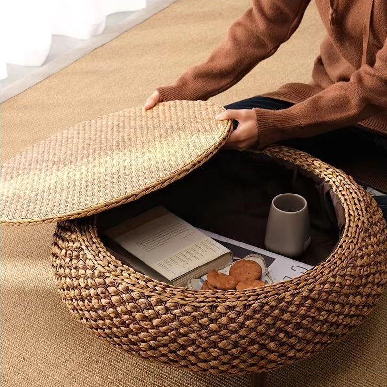 Japanese Rattan Wood Coffee Table with Storage