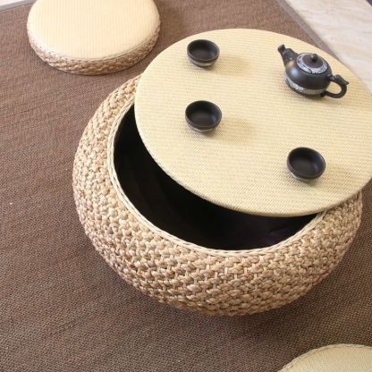 Japanese Rattan Wood Coffee Table with Storage