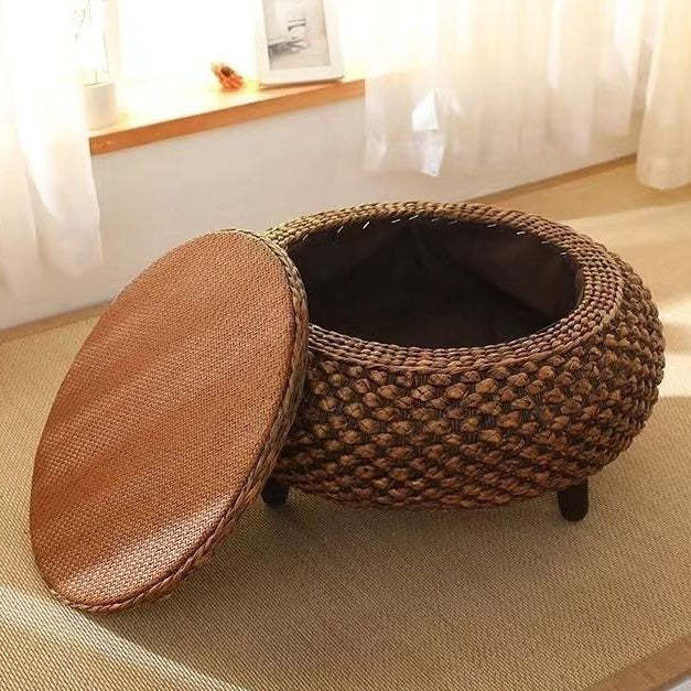 Japanese Rattan Wood Coffee Table with Storage — Original Wood Color