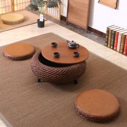 Japanese Rattan Wood Coffee Table with Storage