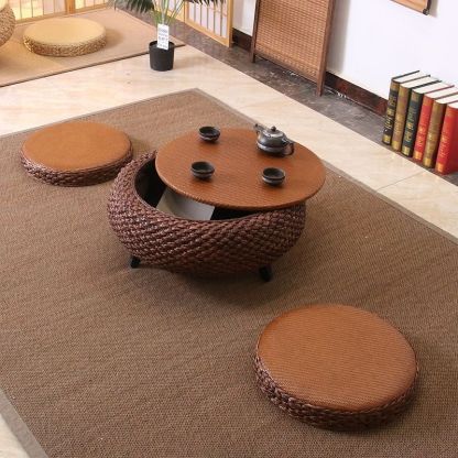 Japanese Rattan Wood Coffee Table with Storage