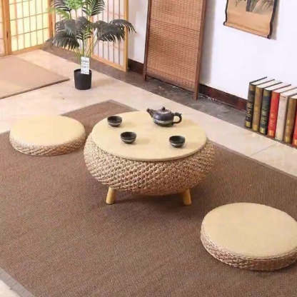 Japanese Rattan Wood Coffee Table with Storage