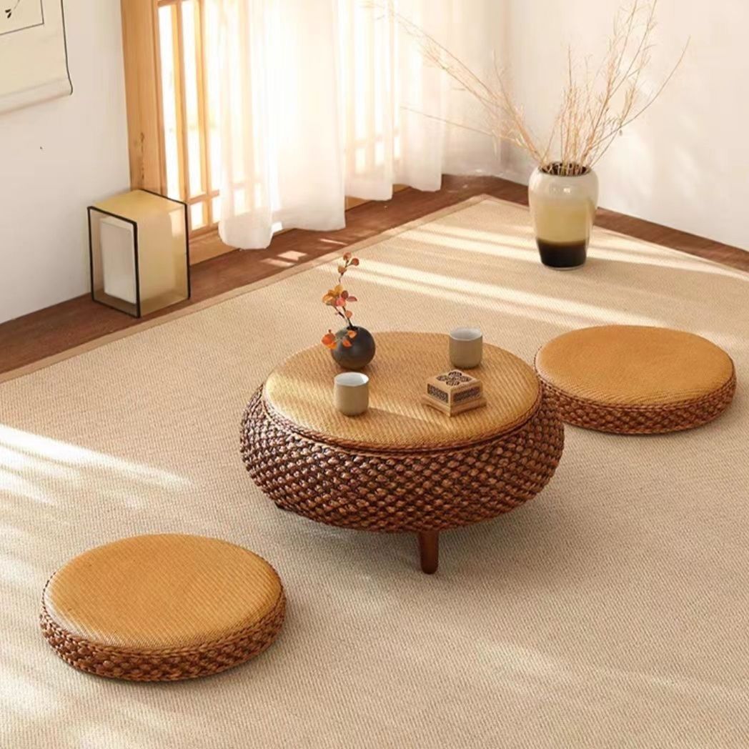 Japanese Rattan Wood Coffee Table with Storage