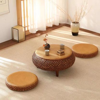 Japanese Rattan Wood Coffee Table with Storage