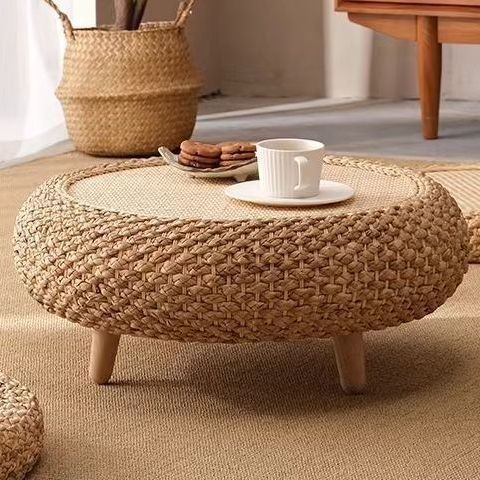 Japanese Rattan Wood Coffee Table with Storage — Original Wood Color