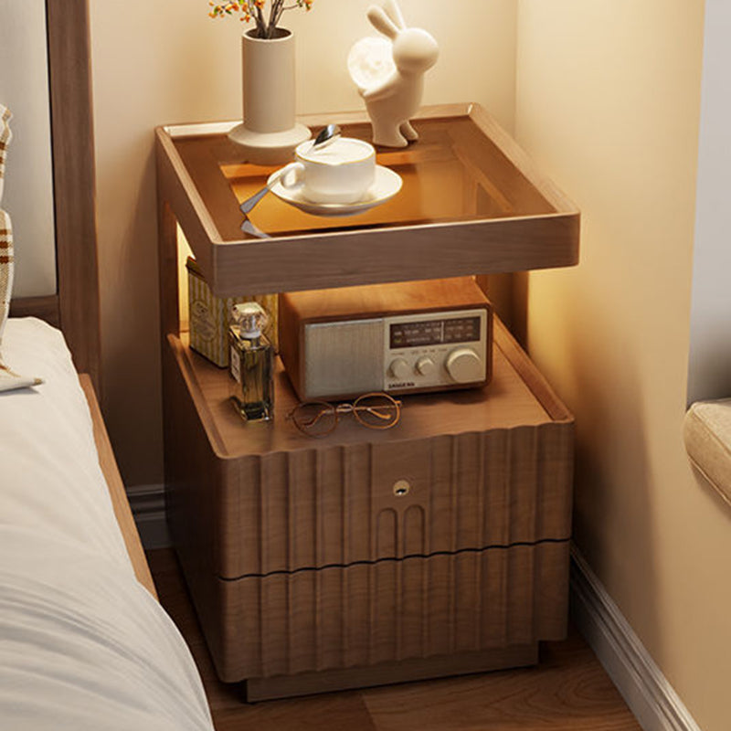 Traditional Luxury Wood Glass 2-Drawer Nightstand — Original Wood Color
