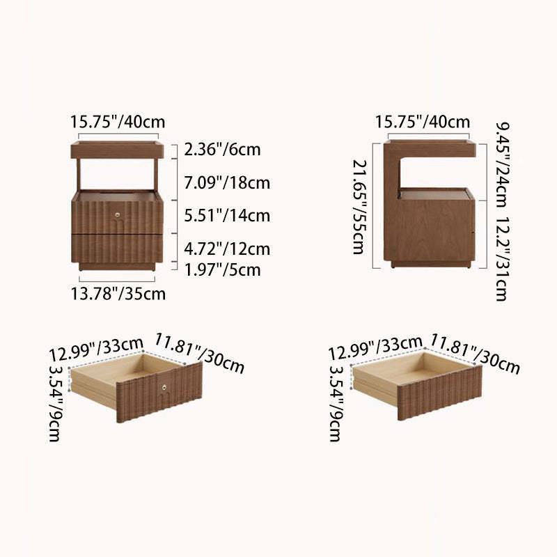 Traditional Luxury Wood Glass 2-Drawer Nightstand