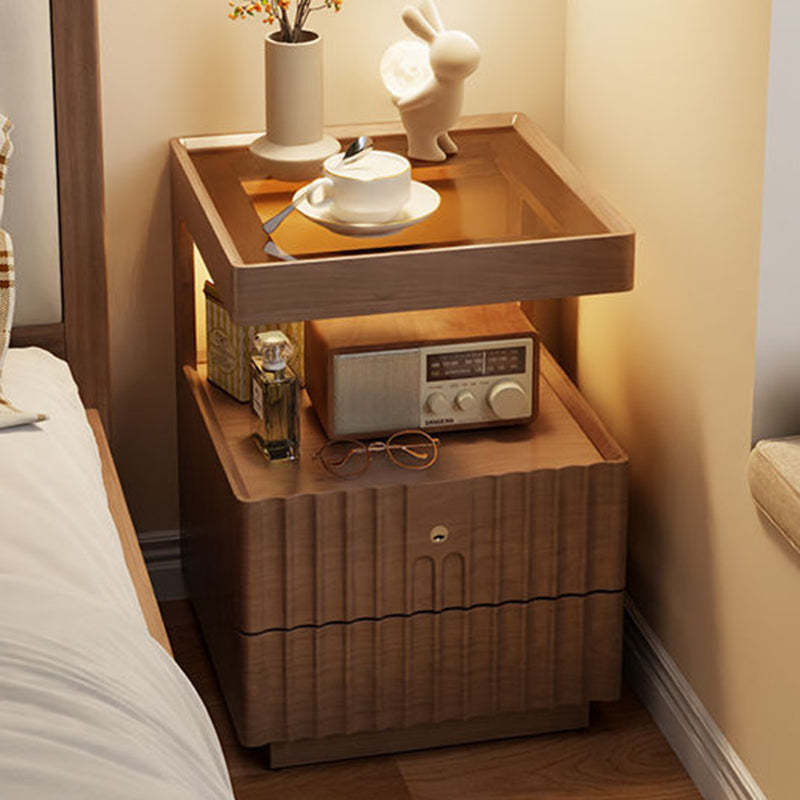 Traditional Luxury Wood Glass 2-Drawer Nightstand — Original Wood Color