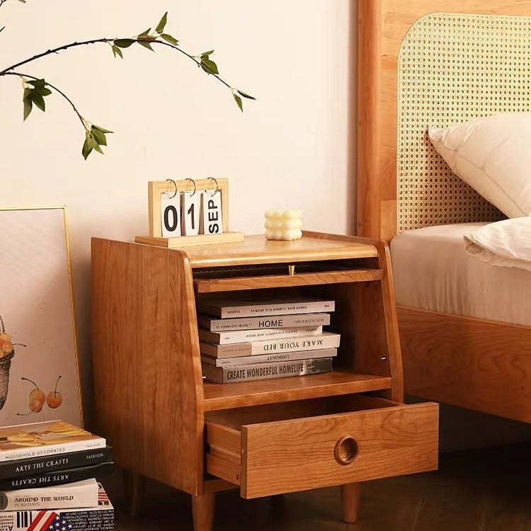 Japanese Solid Wood Glass 1-Drawer Nightstand