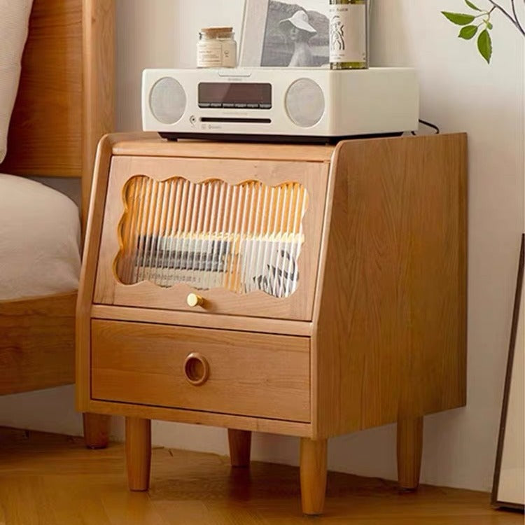 Japanese Solid Wood Glass 1-Drawer Nightstand