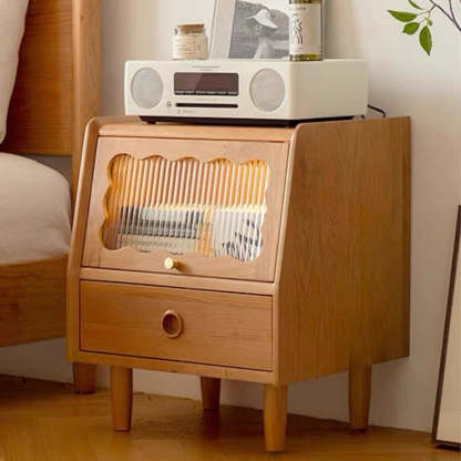 Japanese Solid Wood Glass 1-Drawer Nightstand
