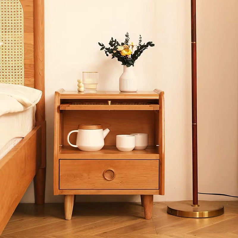 Japanese Solid Wood Glass 1-Drawer Nightstand
