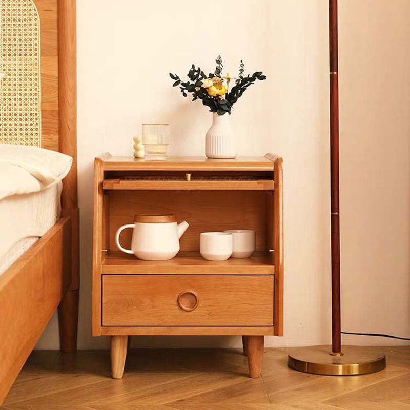 Japanese Solid Wood Glass 1-Drawer Nightstand