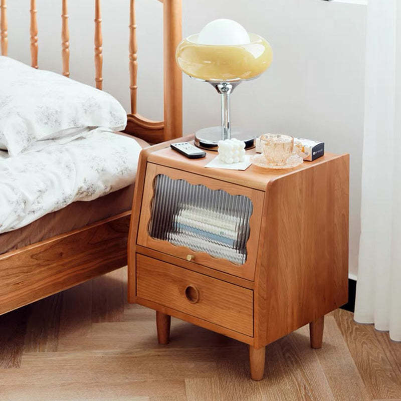Japanese Solid Wood Glass 1-Drawer Nightstand