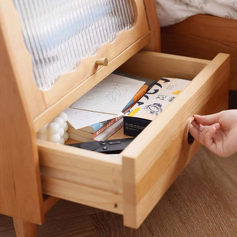 Japanese Solid Wood Glass 1-Drawer Nightstand