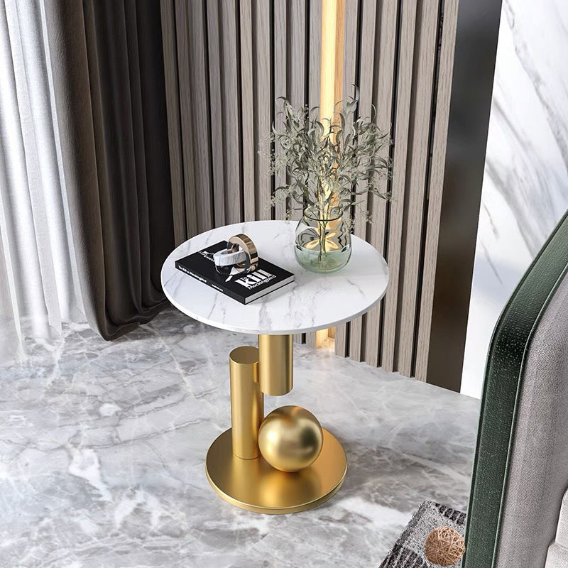 Art Deco Round Marble Iron Side Table — B