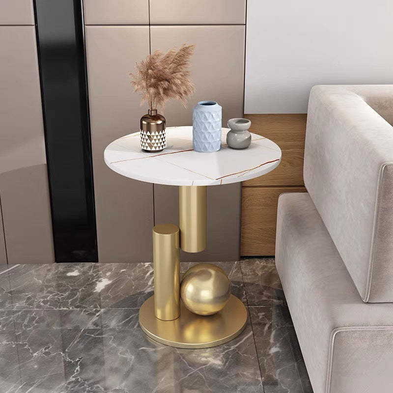 Art Deco Round Marble Iron Side Table — C