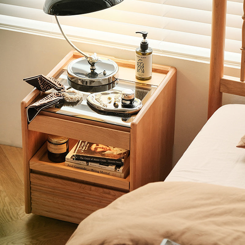 Japanese Solid Wood Glass Nightstand