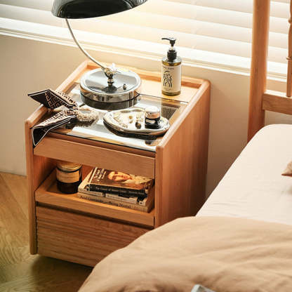 Japanese Solid Wood Glass Nightstand