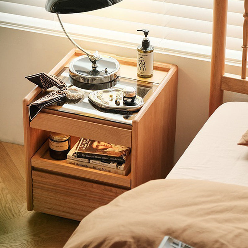 Japanese Solid Wood Glass Nightstand