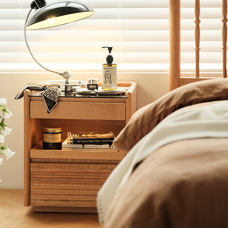 Japanese Solid Wood Glass Nightstand — Cherry Wood Color