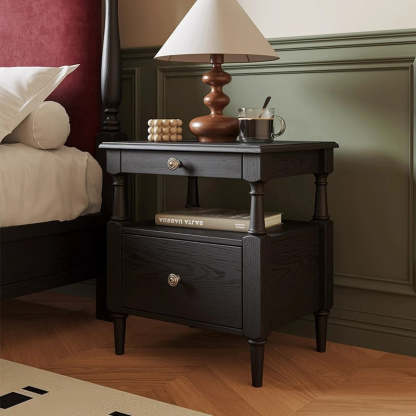 French Ash Wood Metal 2-Drawer Nightstand