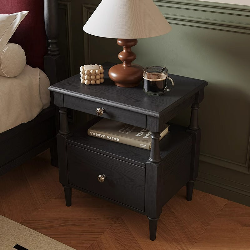 French Ash Wood Metal 2-Drawer Nightstand