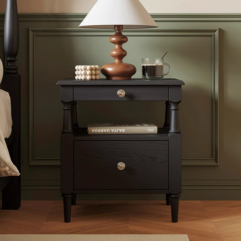 French Ash Wood Metal 2-Drawer Nightstand
