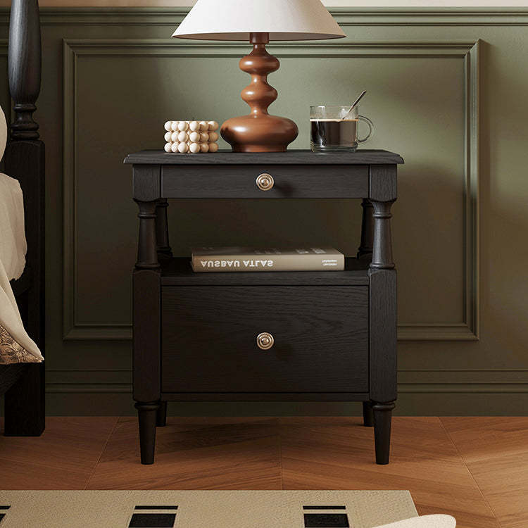 French Ash Wood Metal 2-Drawer Nightstand — Black