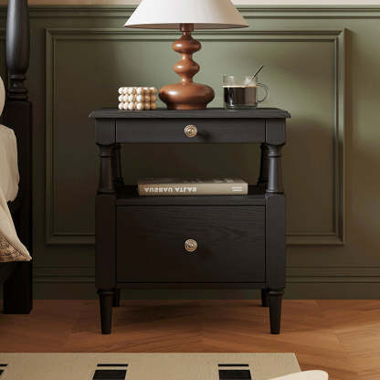 French Ash Wood Metal 2-Drawer Nightstand — Black