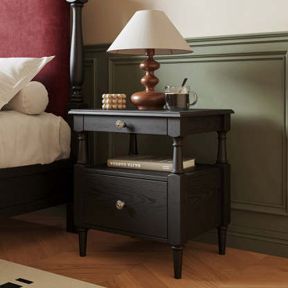 French Ash Wood Metal 2-Drawer Nightstand — Brown