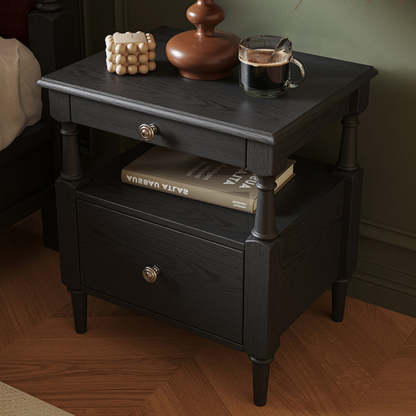 French Ash Wood Metal 2-Drawer Nightstand