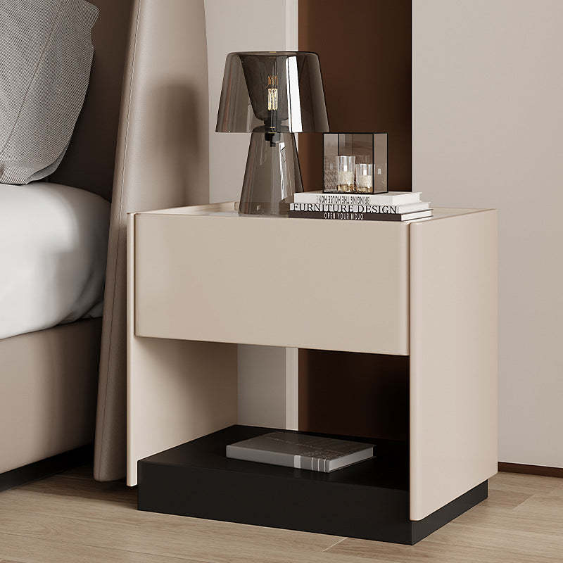Modern Marble Slab Wood 1-Drawer Nightstand — White