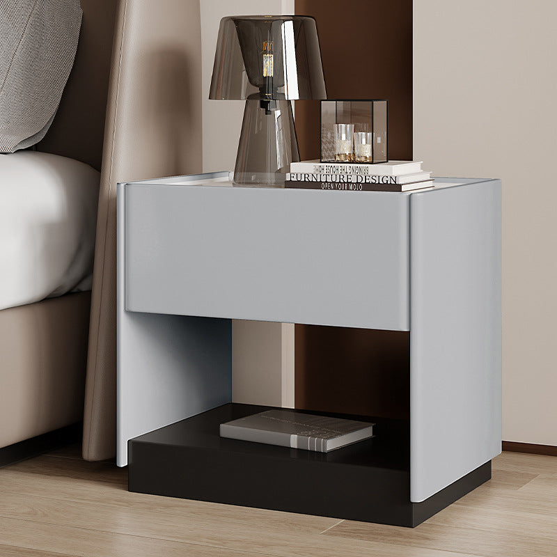 Modern Marble Slab Wood 1-Drawer Nightstand — Beige