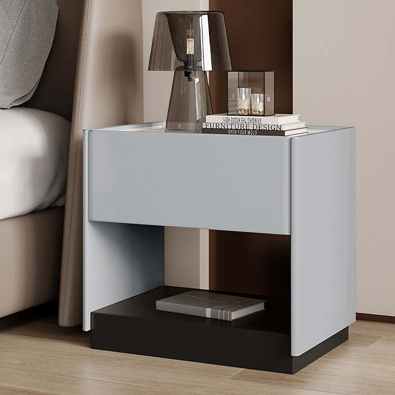 Modern Marble Slab Wood 1-Drawer Nightstand — Beige
