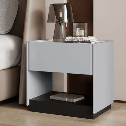 Modern Marble Slab Wood 1-Drawer Nightstand — Beige