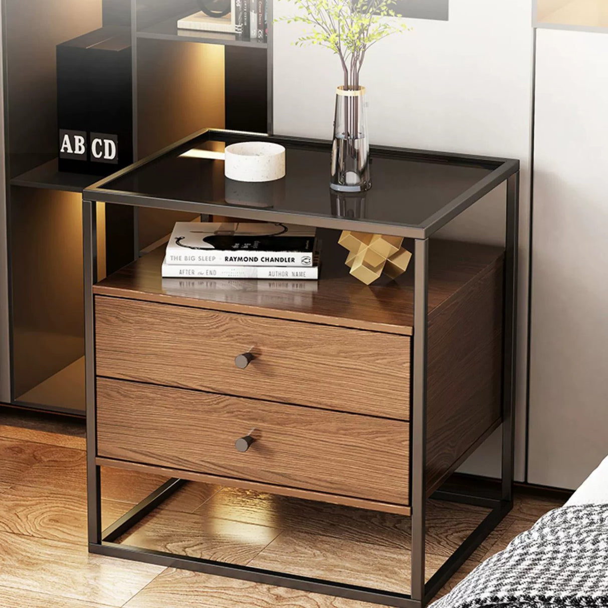 Modern Eclectic Glass Iron 1/2-Drawer Nightstand