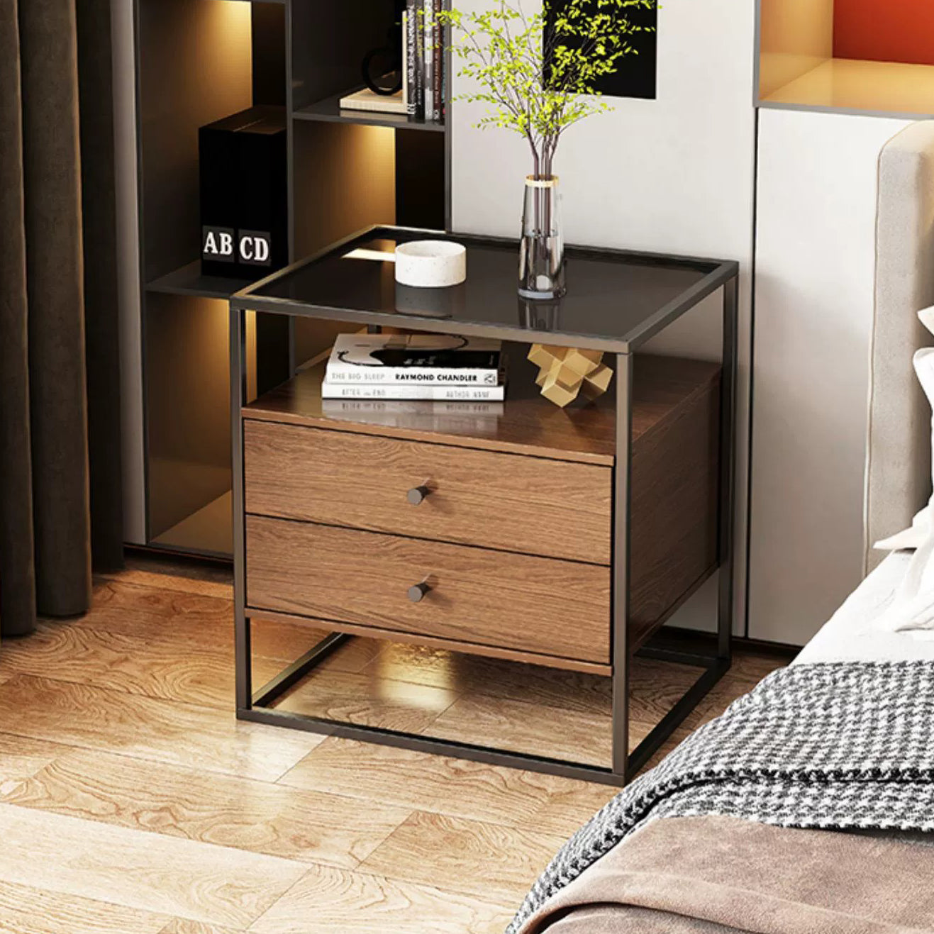 Modern Eclectic Glass Iron 1/2-Drawer Nightstand — B - 2 Drawers
