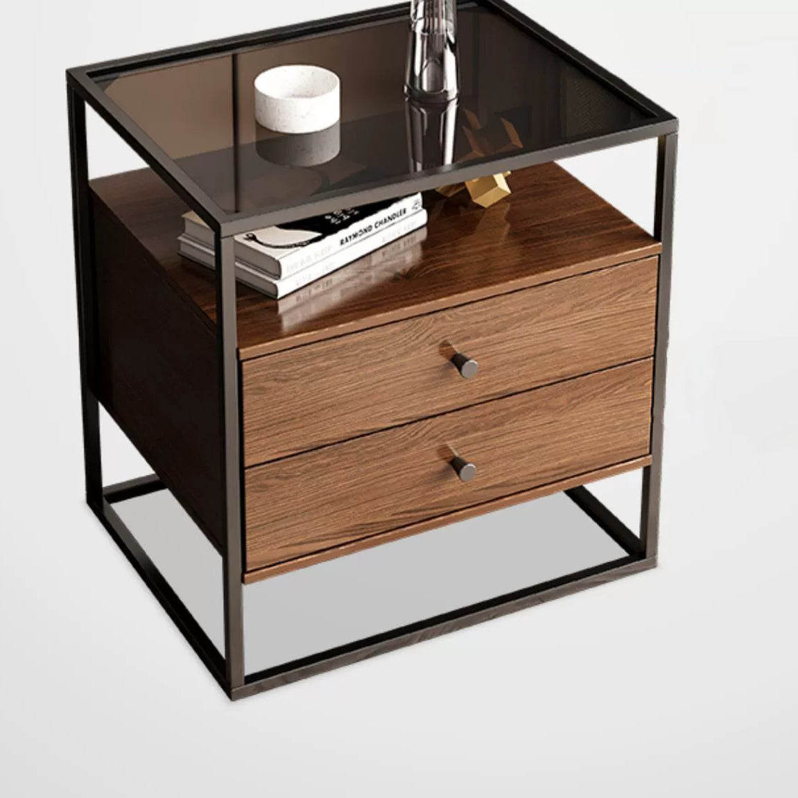 Modern Eclectic Glass Iron 1/2-Drawer Nightstand