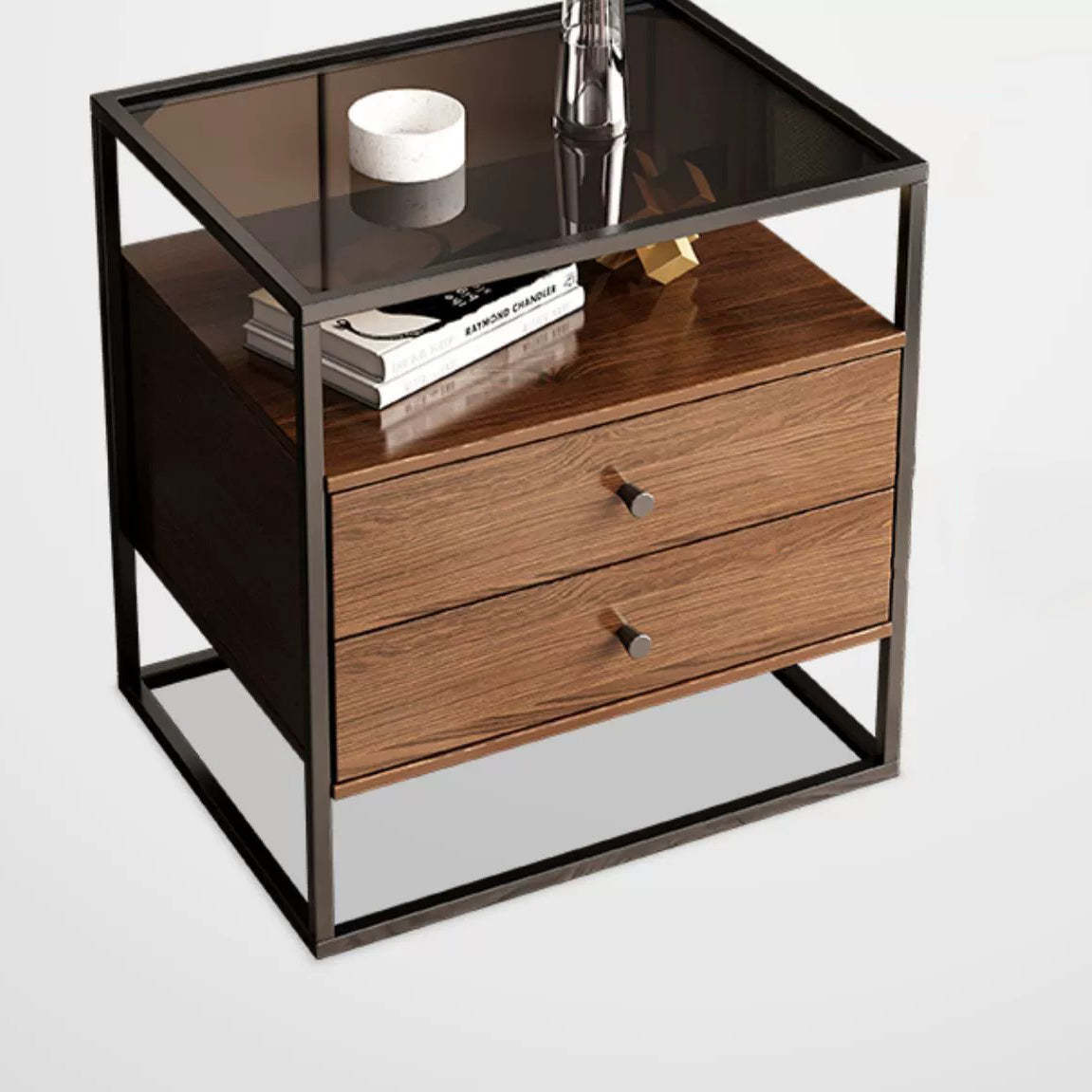 Modern Eclectic Glass Iron 1/2-Drawer Nightstand