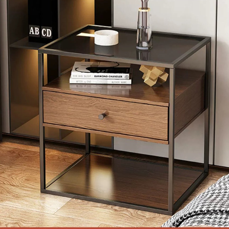 Modern Eclectic Glass Iron 1/2-Drawer Nightstand