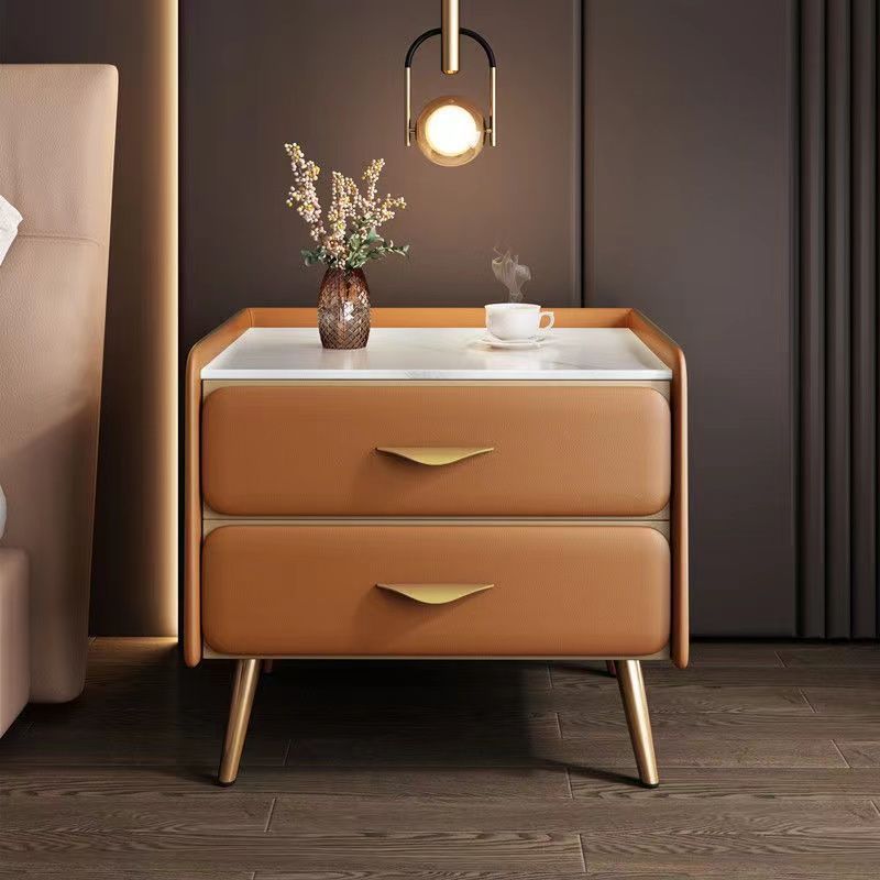 Coastal Rock Slab Solid Wood Metal 2-Drawer Nightstand — Orange