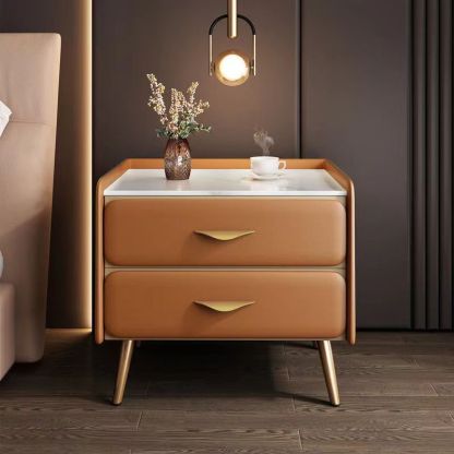 Coastal Rock Slab Solid Wood Metal 2-Drawer Nightstand — Orange