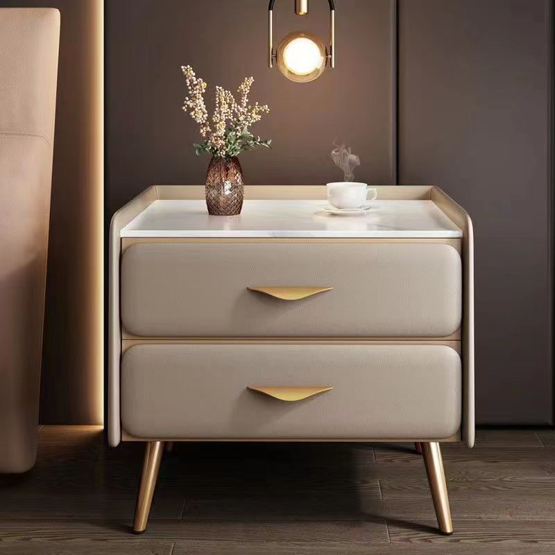 Coastal Rock Slab Solid Wood Metal 2-Drawer Nightstand — Light Gray