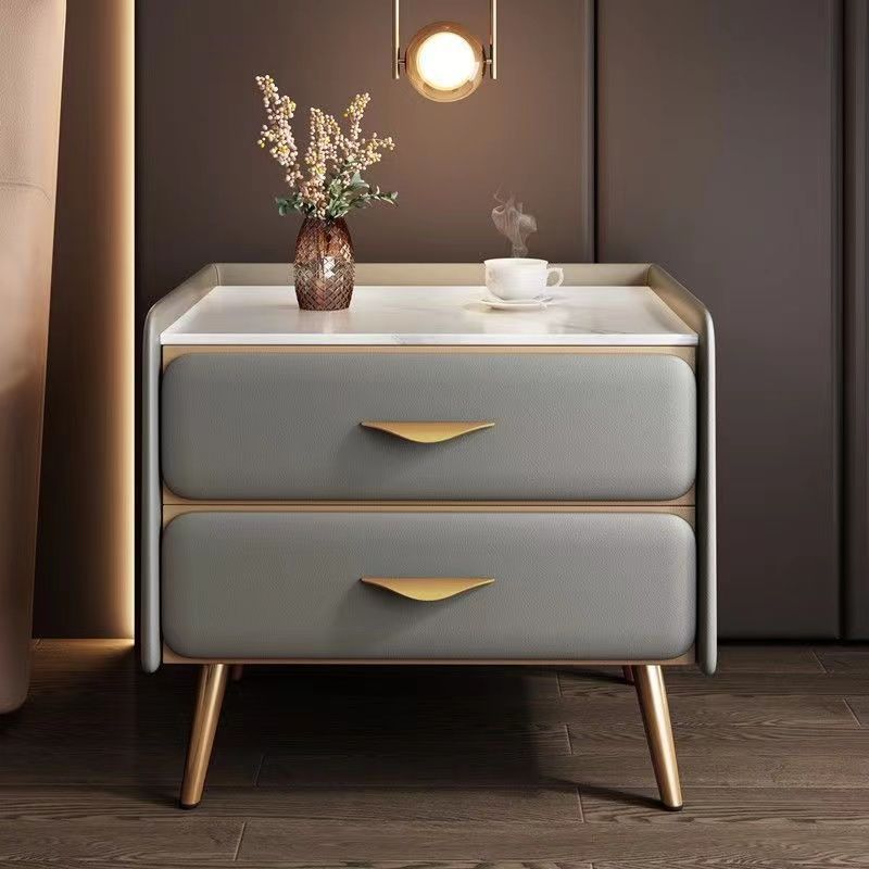 Coastal Rock Slab Solid Wood Metal 2-Drawer Nightstand — Dark Gray