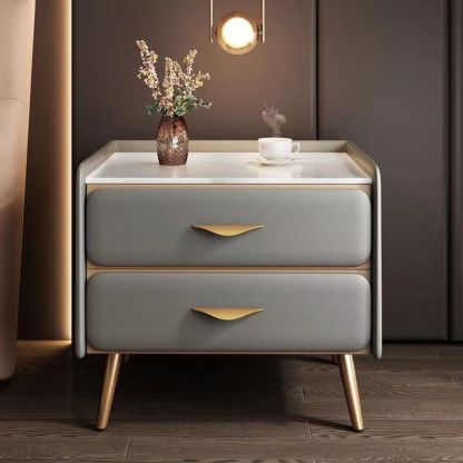 Coastal Rock Slab Solid Wood Metal 2-Drawer Nightstand — Dark Gray