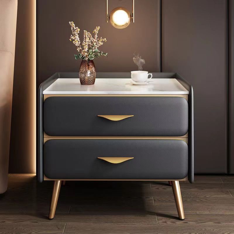 Coastal Rock Slab Solid Wood Metal 2-Drawer Nightstand