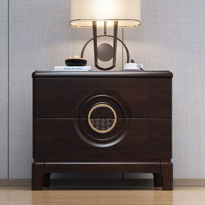 Chinese Wood Metal Nightstand 2-Drawer — Black Walnut Color