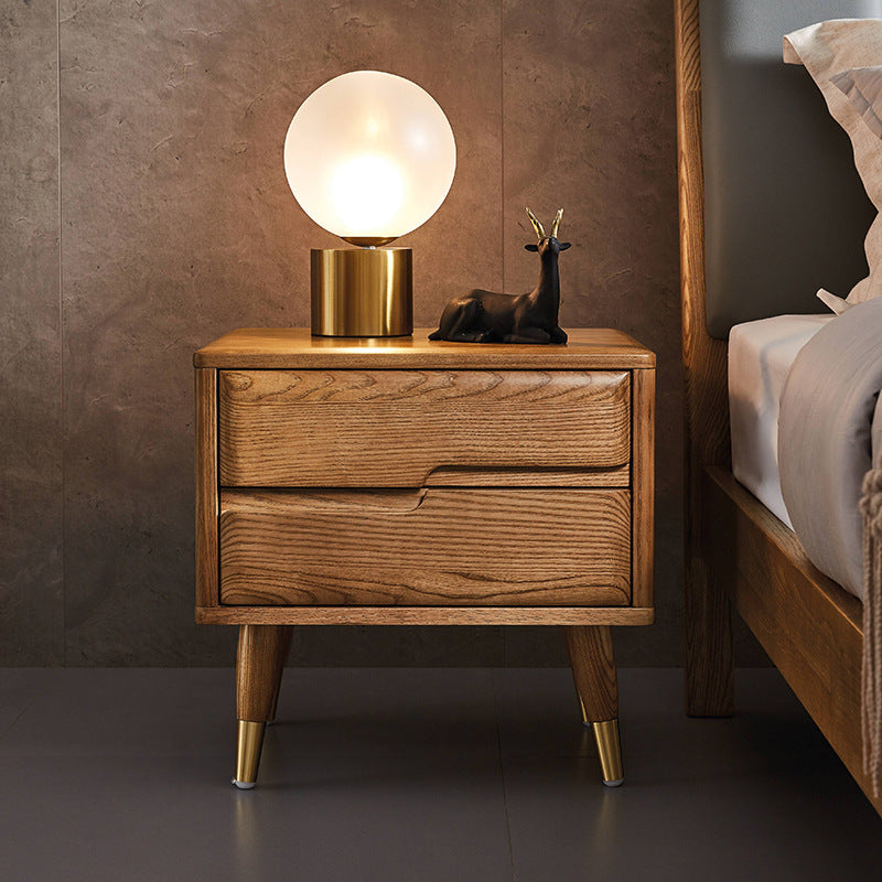Mid-Century Ash Wood Brass Nightstand 1/2-Drawer